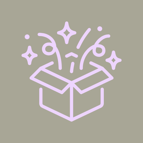 Icon of an open box with sparkles and celebratory symbols above it in pastel purple against a gray background.