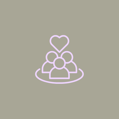 A minimalistic line drawing of three people connected in a circle with a heart above them on a gray background.