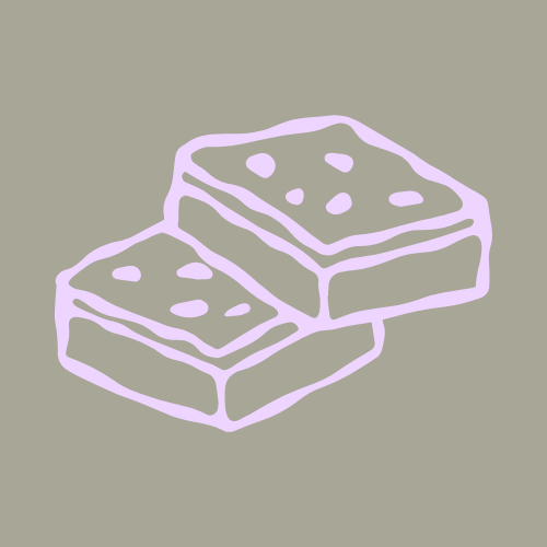 Outlined drawing of two stacked brownies on a muted gray background.
