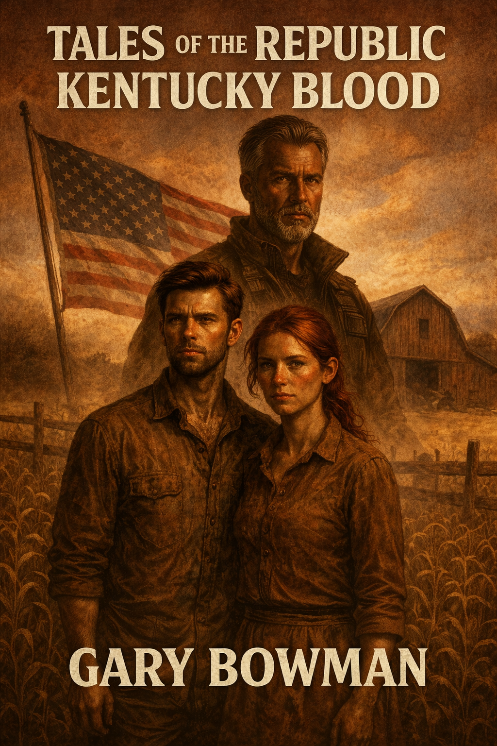 Poster for 'Tales of the Republic Kentucky Blood' featuring three characters in a rural setting with an American flag in the background.