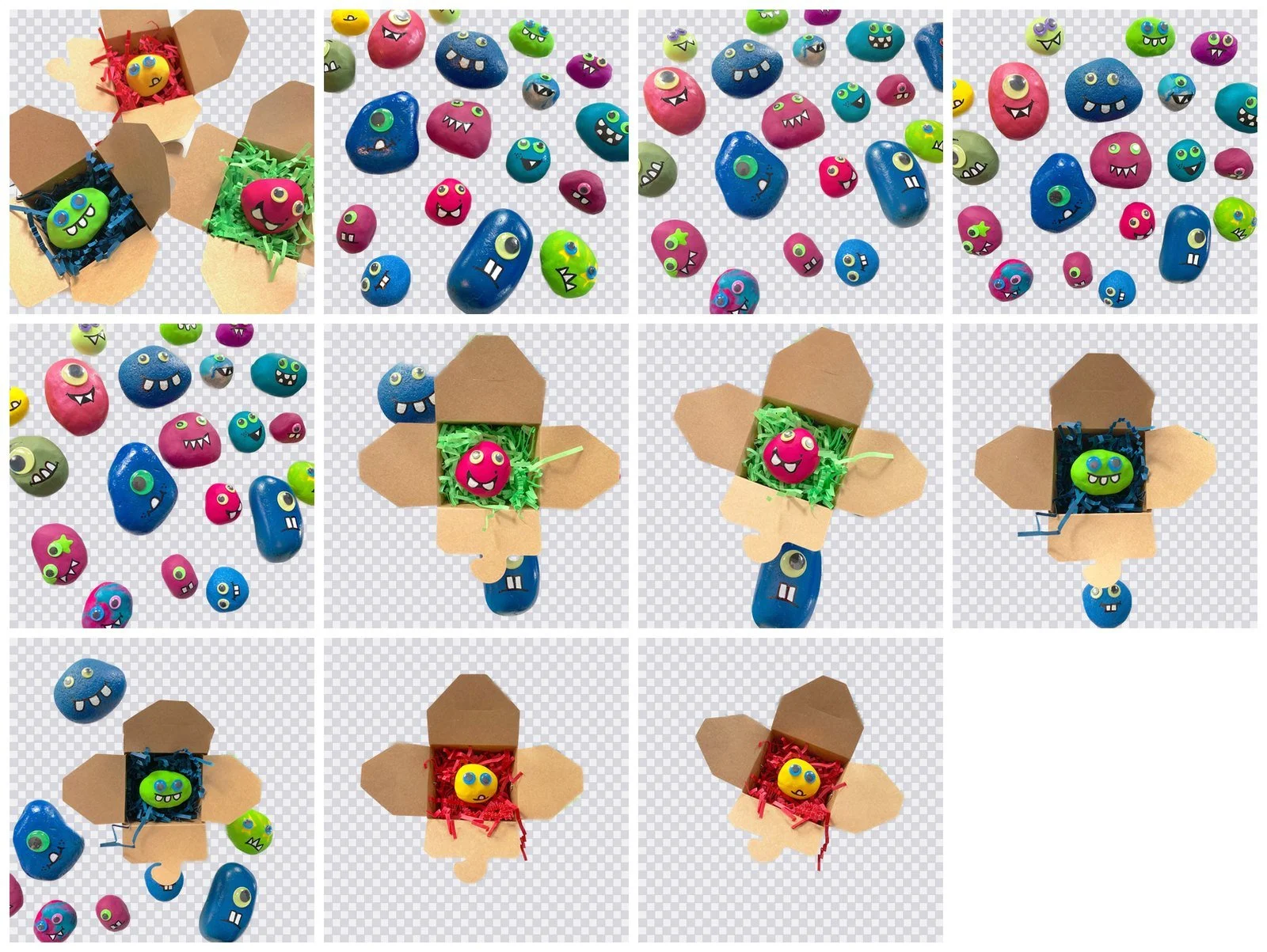 Eleven product photos with backgrounds removed, shown as transparent PNGs
