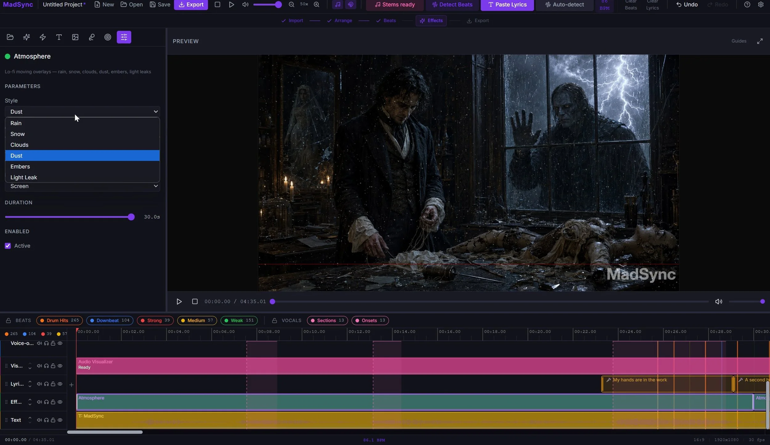 MadSync video editor showcasing all the atmopshere overlays in the editor box overlaying on a video.