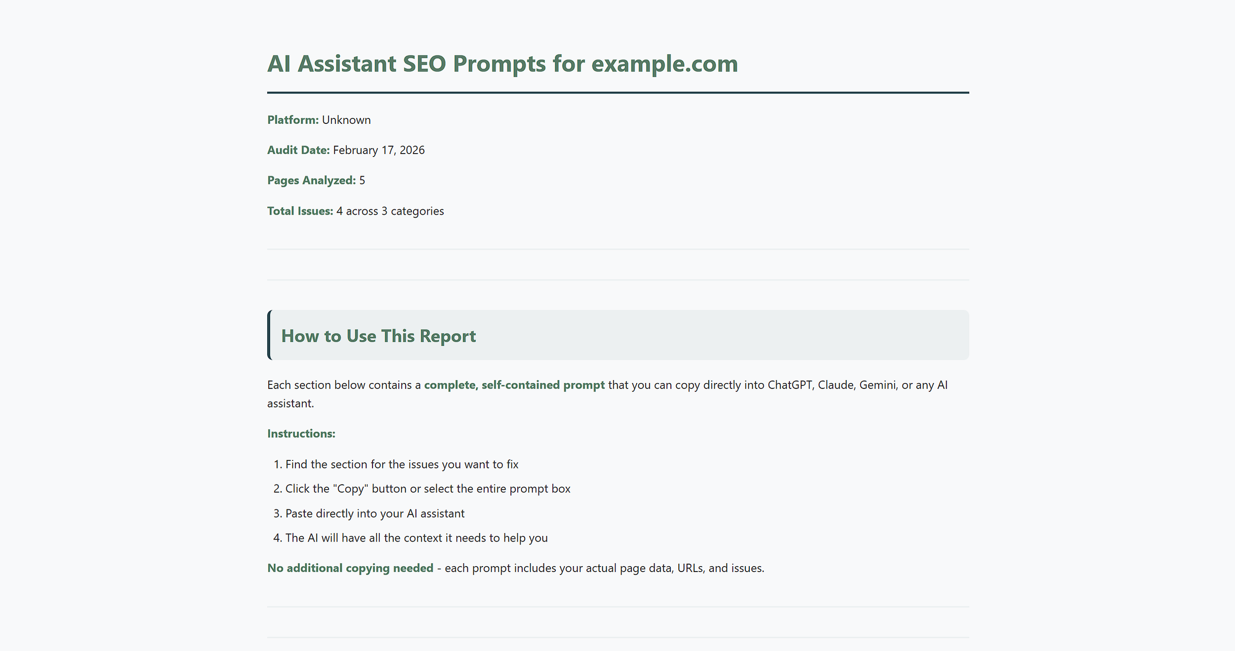 Madcrawl ai assistant seo prompts report screenshot.