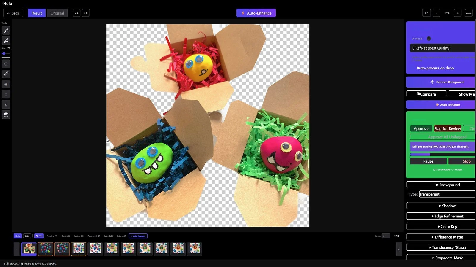 MadPeel processing a folder of product photos, showing the filmstrip and a live progress counter
