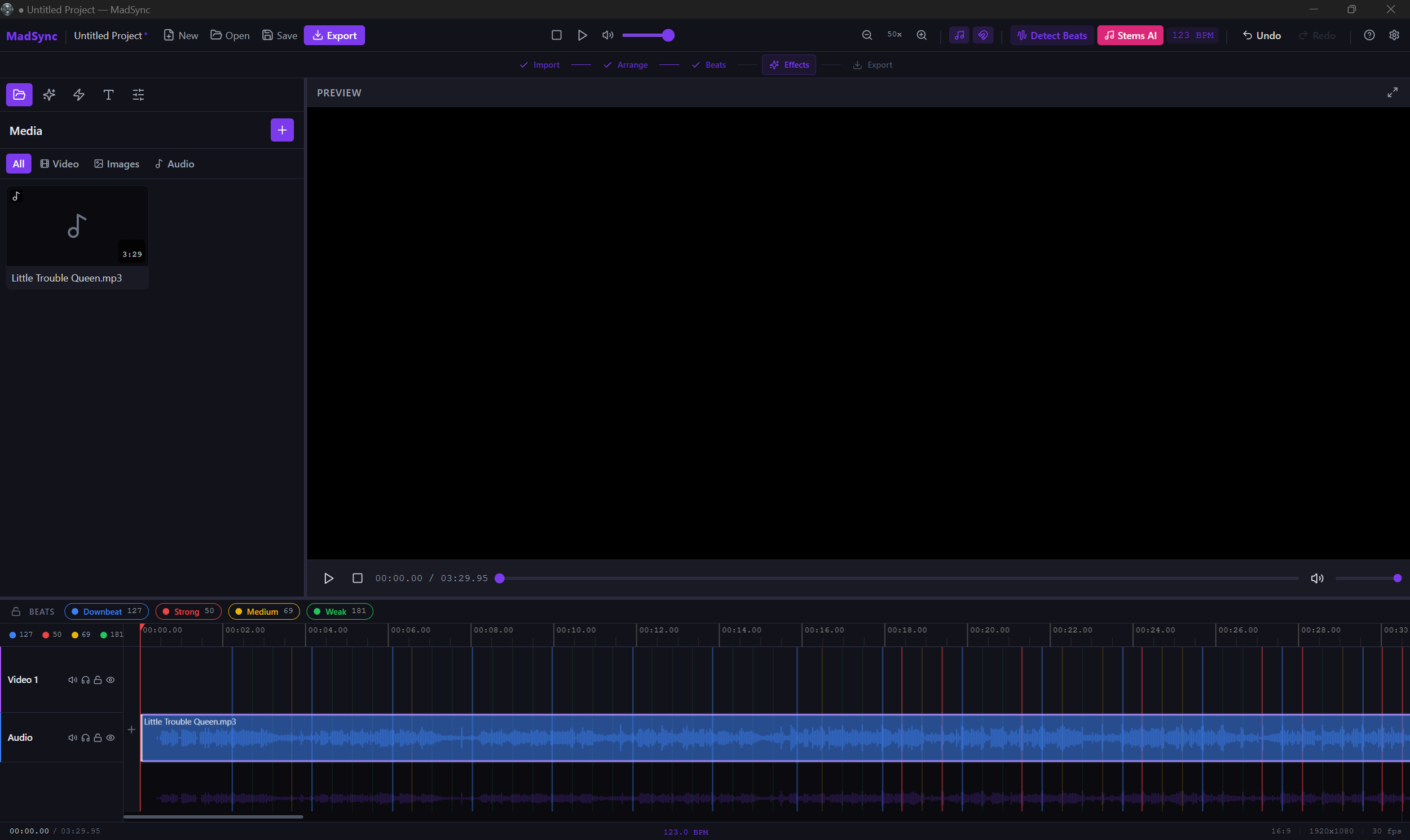 MadSync beat detection showing color-coded beats on timeline.