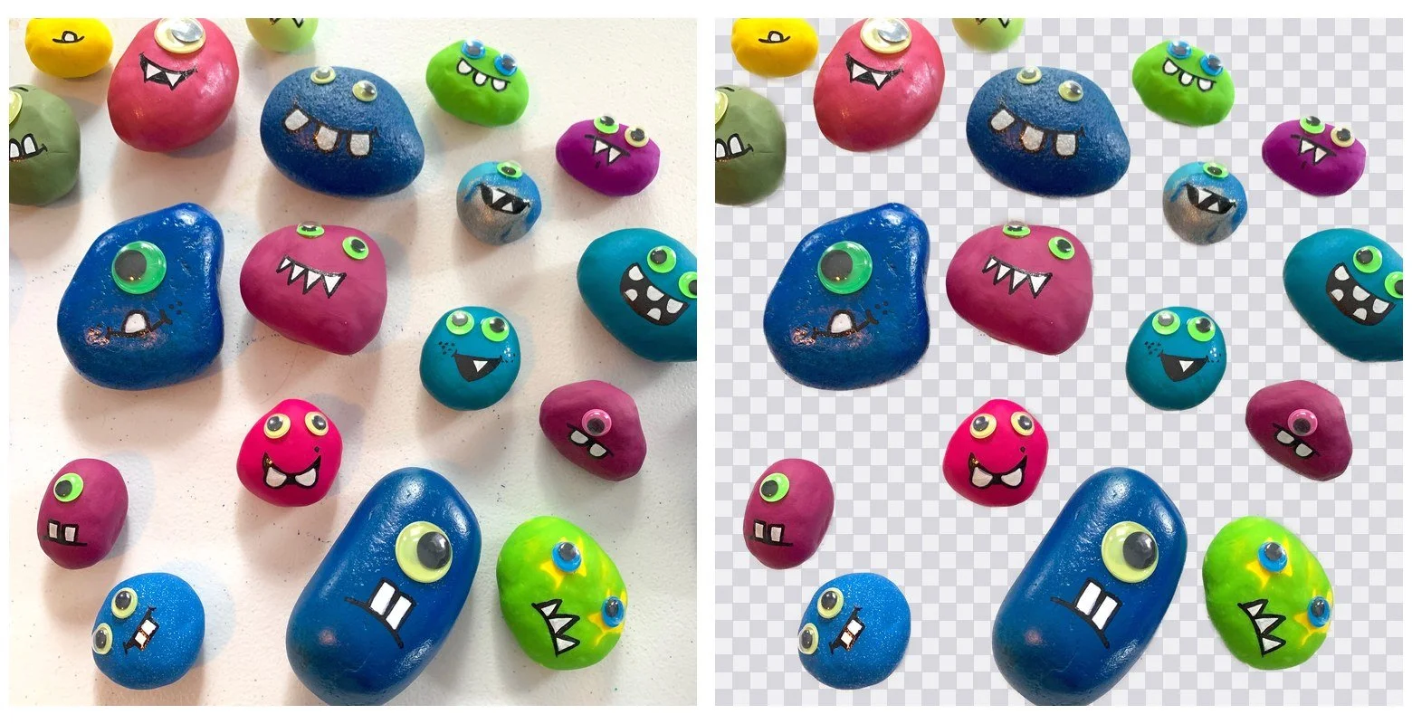 Sixteen hand-painted rocks photographed on a white surface, next to the same photo with the background removed to transparency
