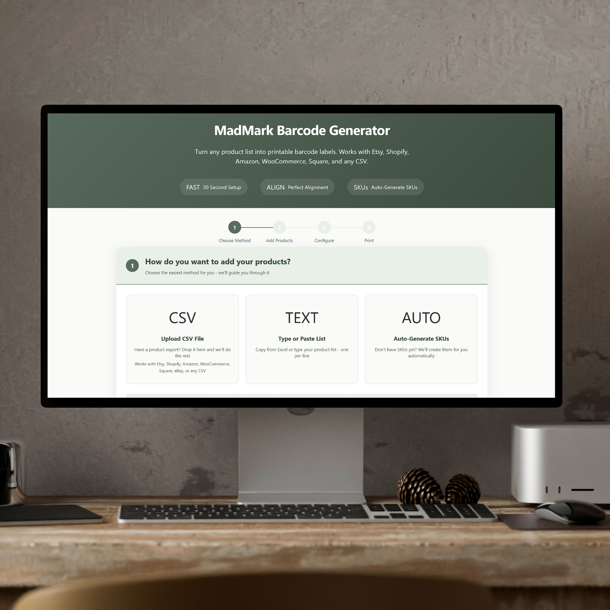 Madmark barcode generator homepage mockup on a desk.