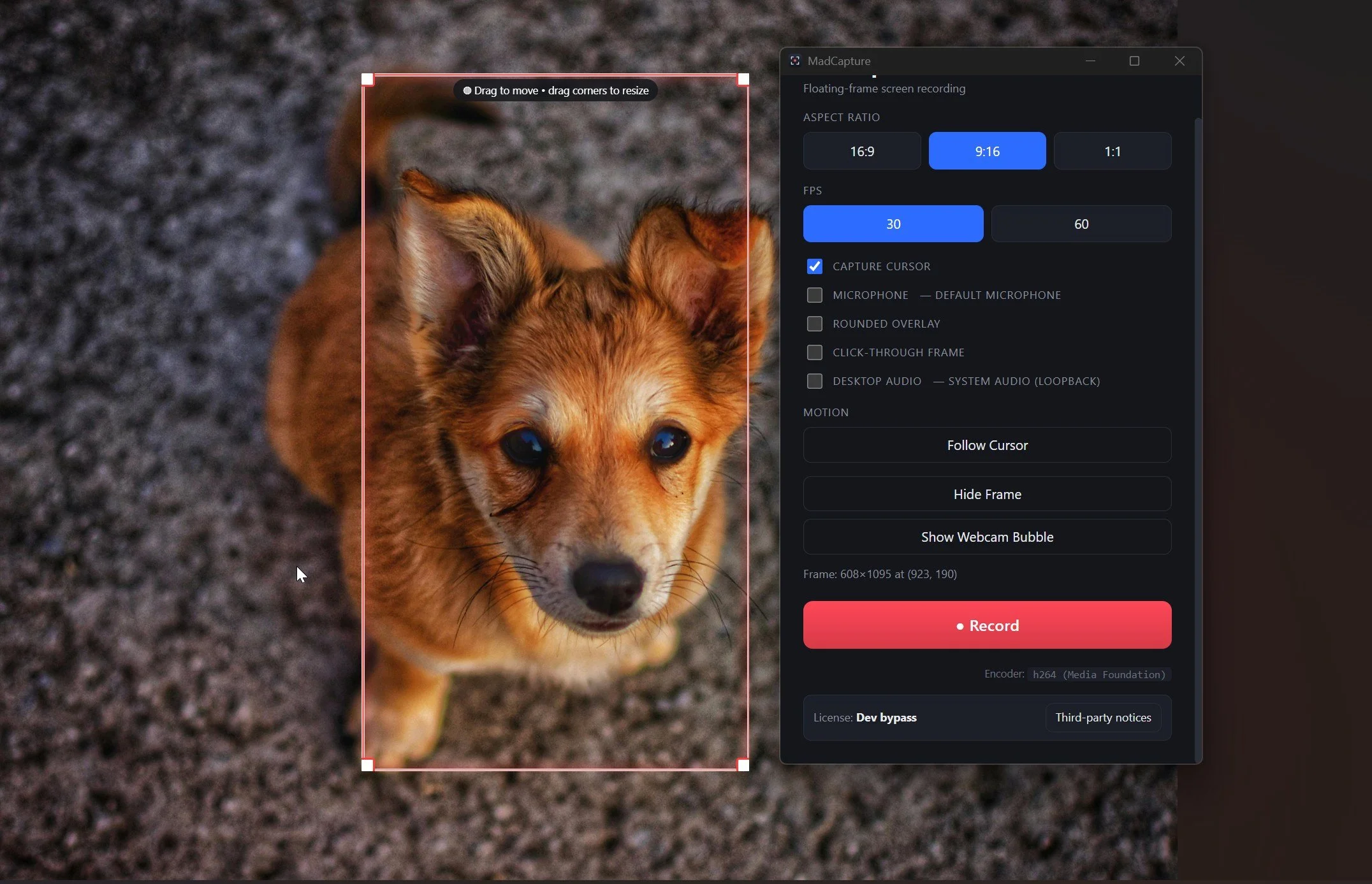 MadCapture recording a vertical 9:16 region of the screen for TikTok, Reels and Shorts