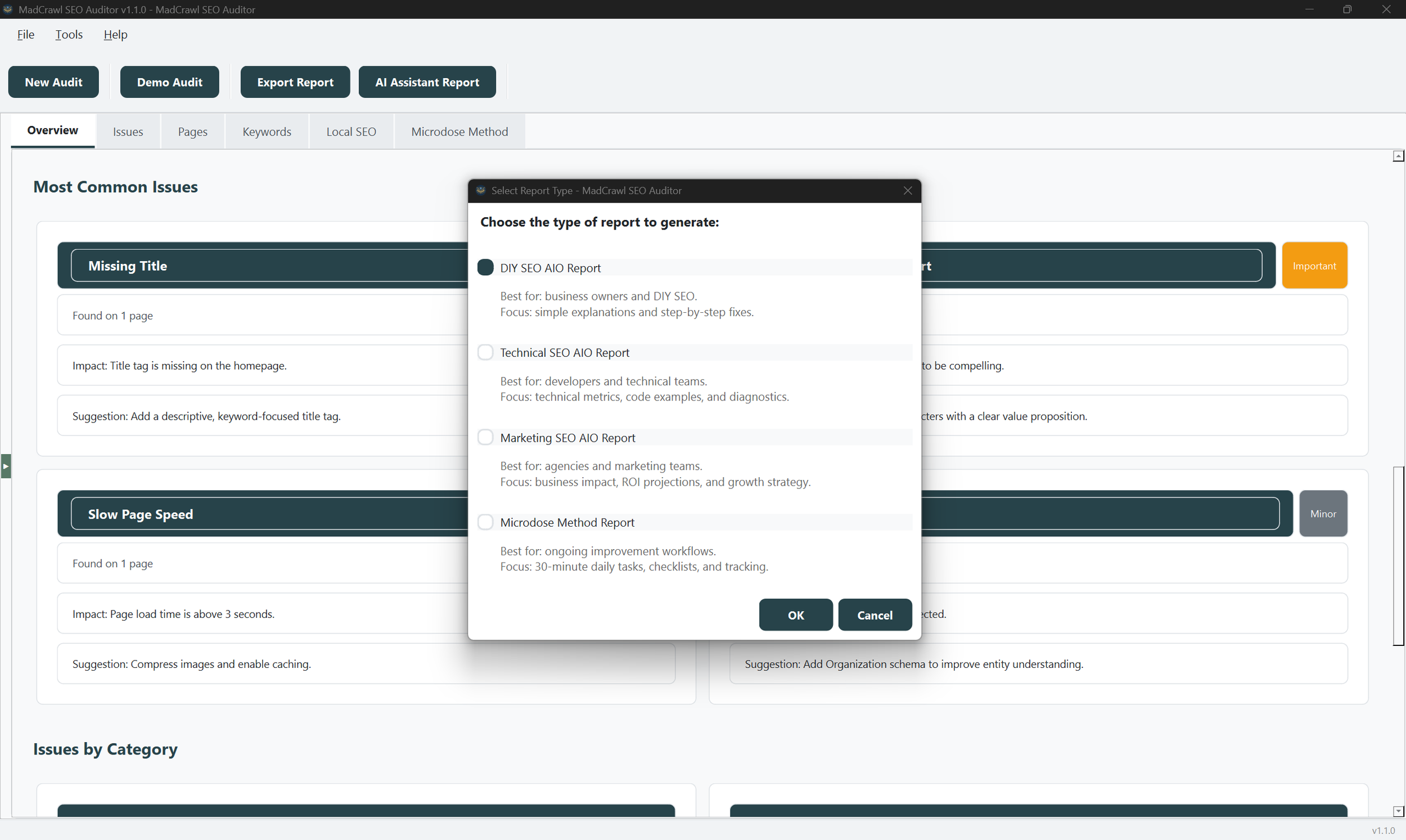 Madcrawl export report type selection dialog screenshot.