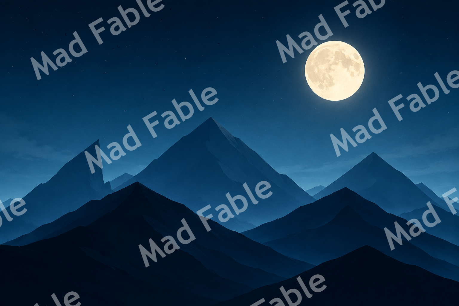 Layered blue mountain peaks beneath a glowing full moon in a deep, starry night sky, watermarked with "Mad Fable.".