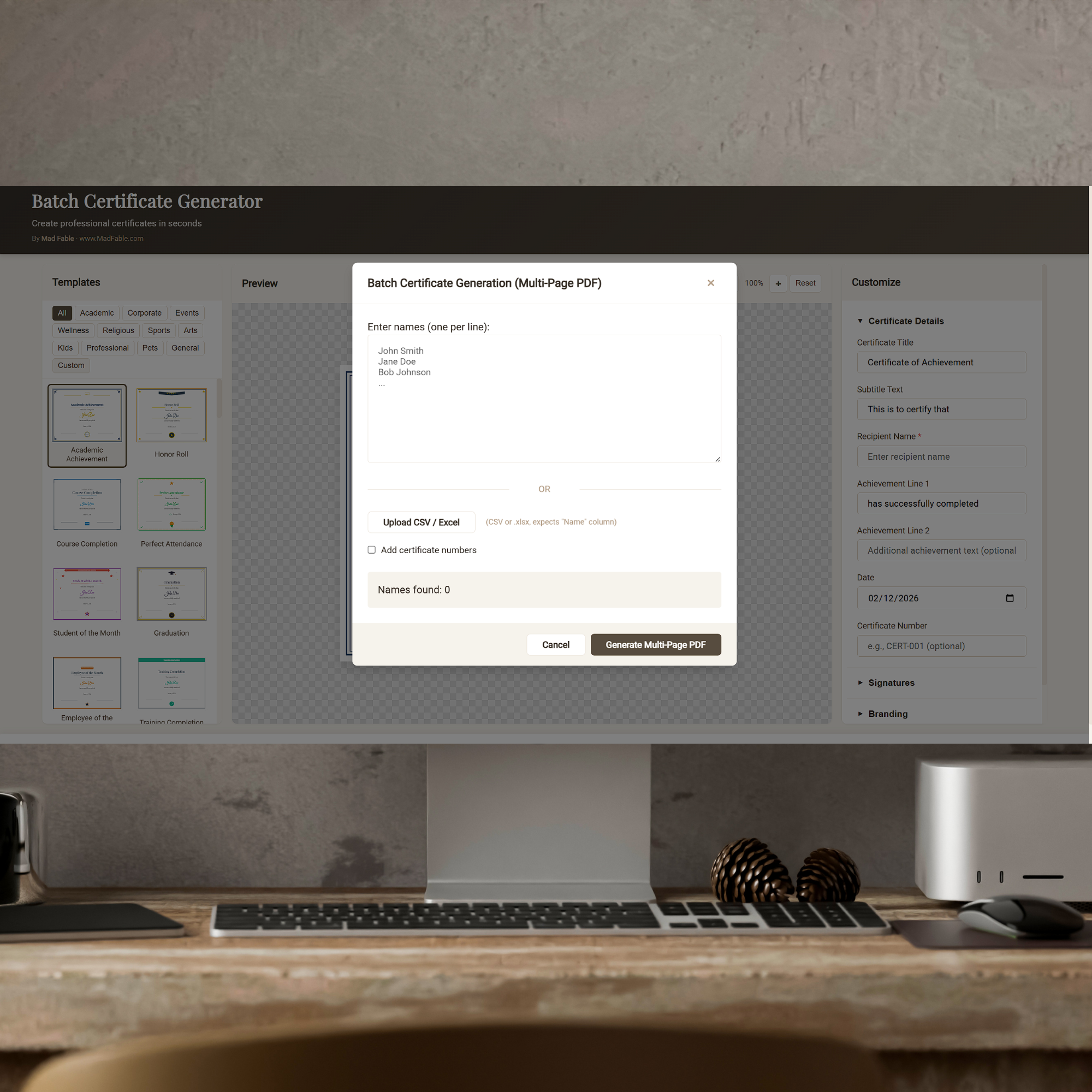 Multi-Page PDF settings for layout for Batch Certificate Generator.