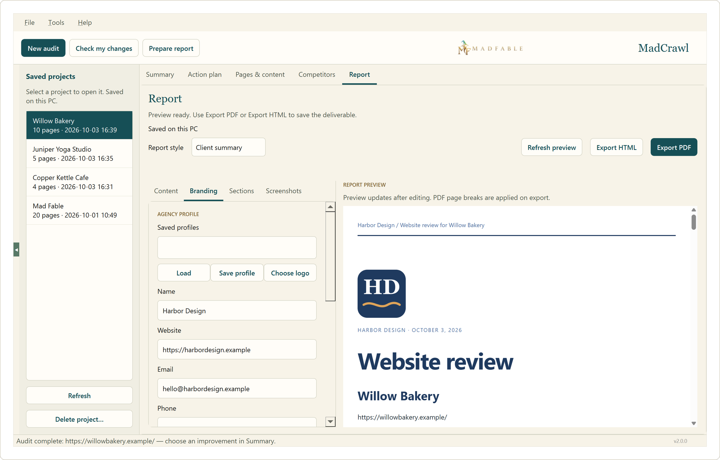 MadCrawl report branding settings with agency name, logo and colors beside the report preview