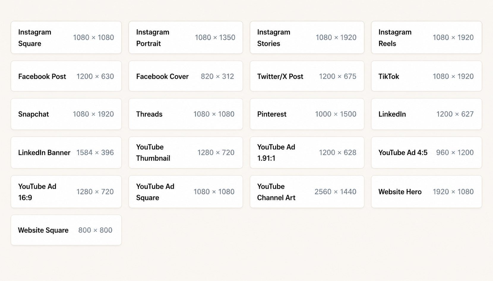 Grid of social media image-size presets for Instagram, Facebook, YouTube, TikTok, Pinterest, LinkedIn, and websites.