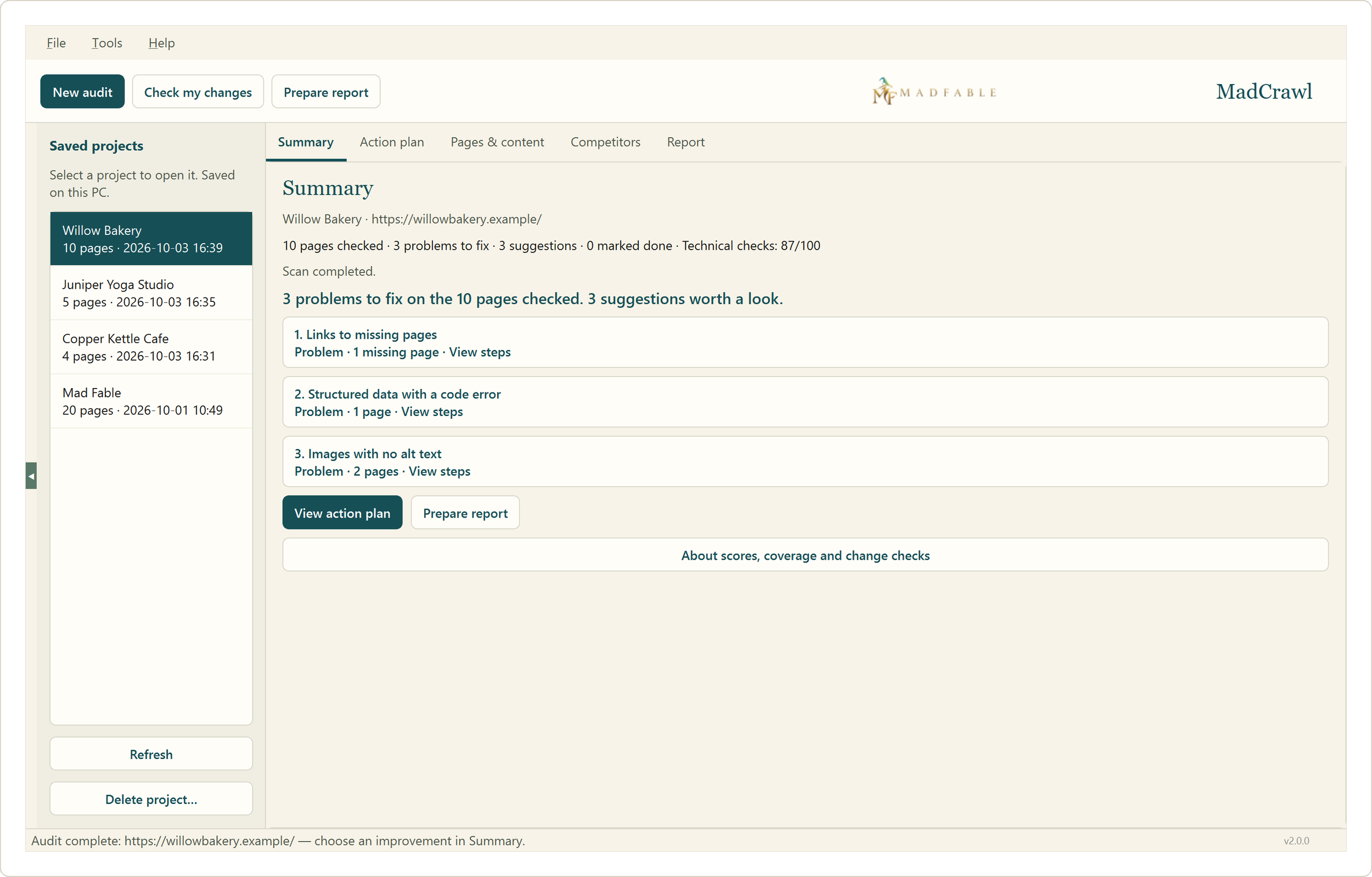 MadCrawl summary of a website scan showing 3 problems to fix on 10 pages checked