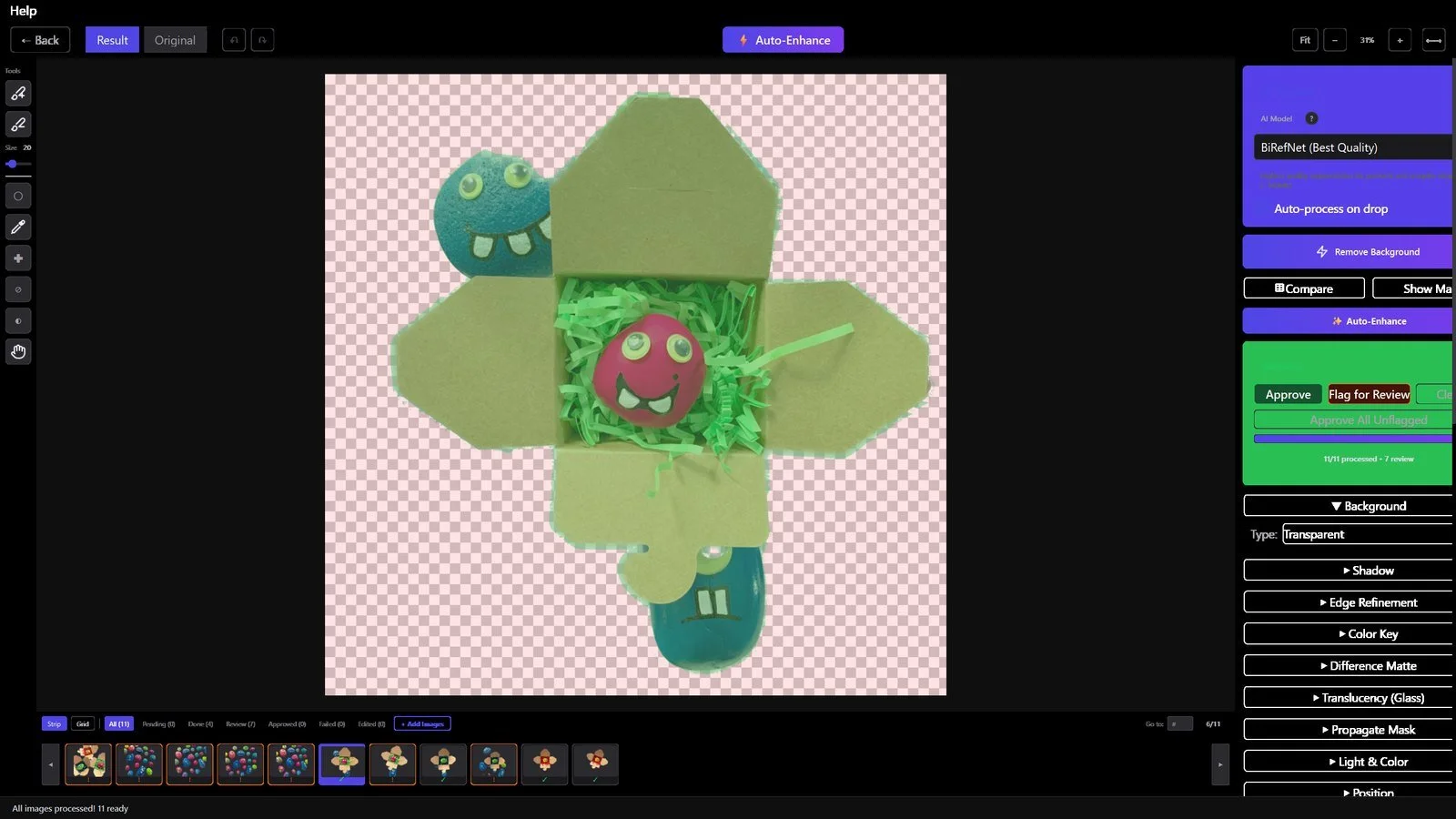 MadPeel's mask overlay showing kept areas in green and removed background in red
