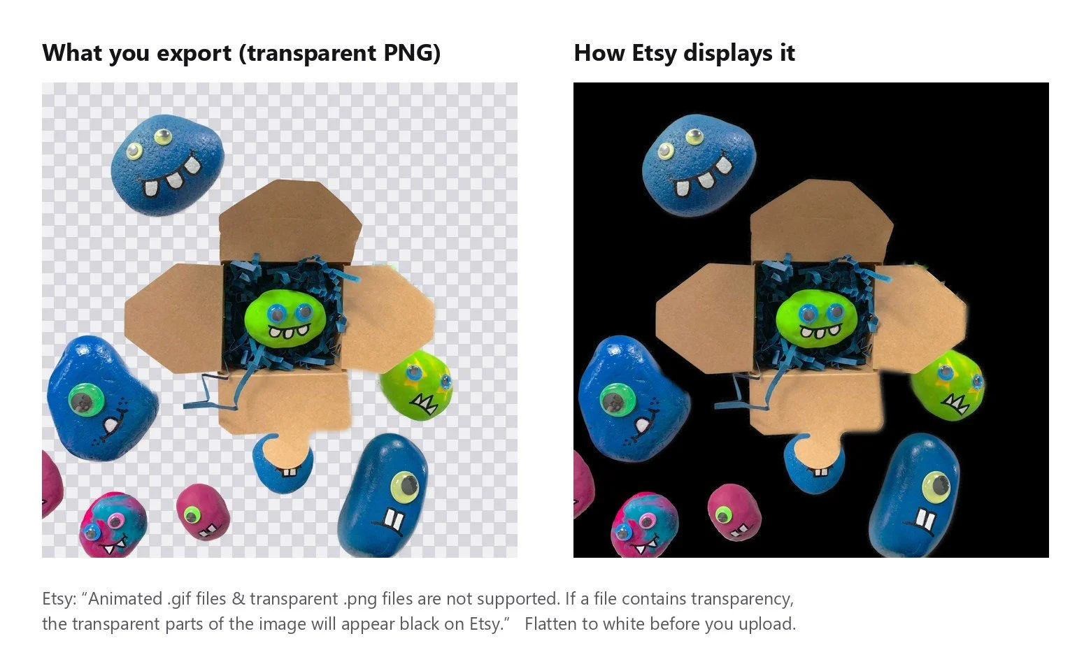 A transparent PNG product photo next to the same file rendered on black, showing how Etsy displays transparency