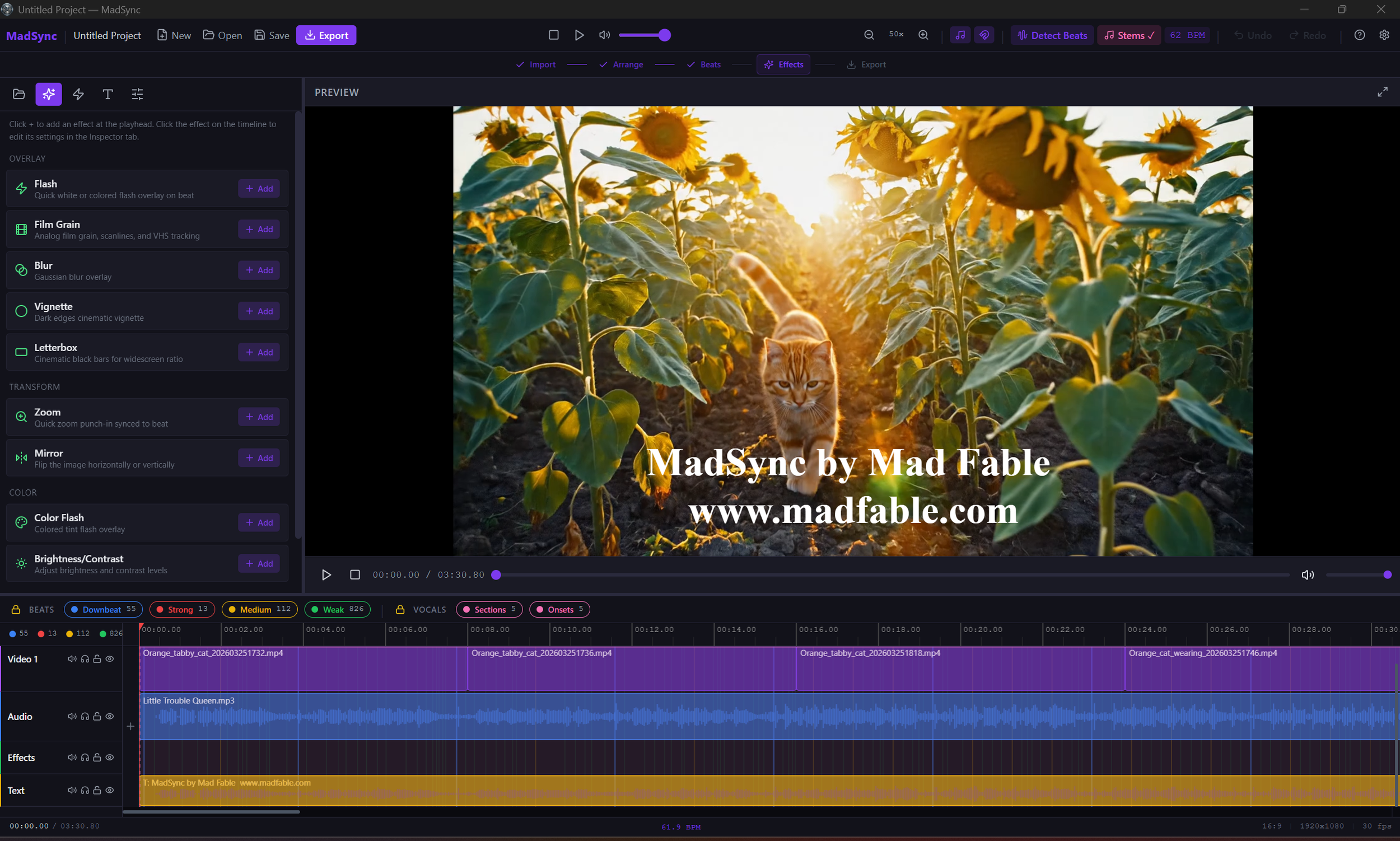 MadSync effects library showing overlay, transform, and color effects.