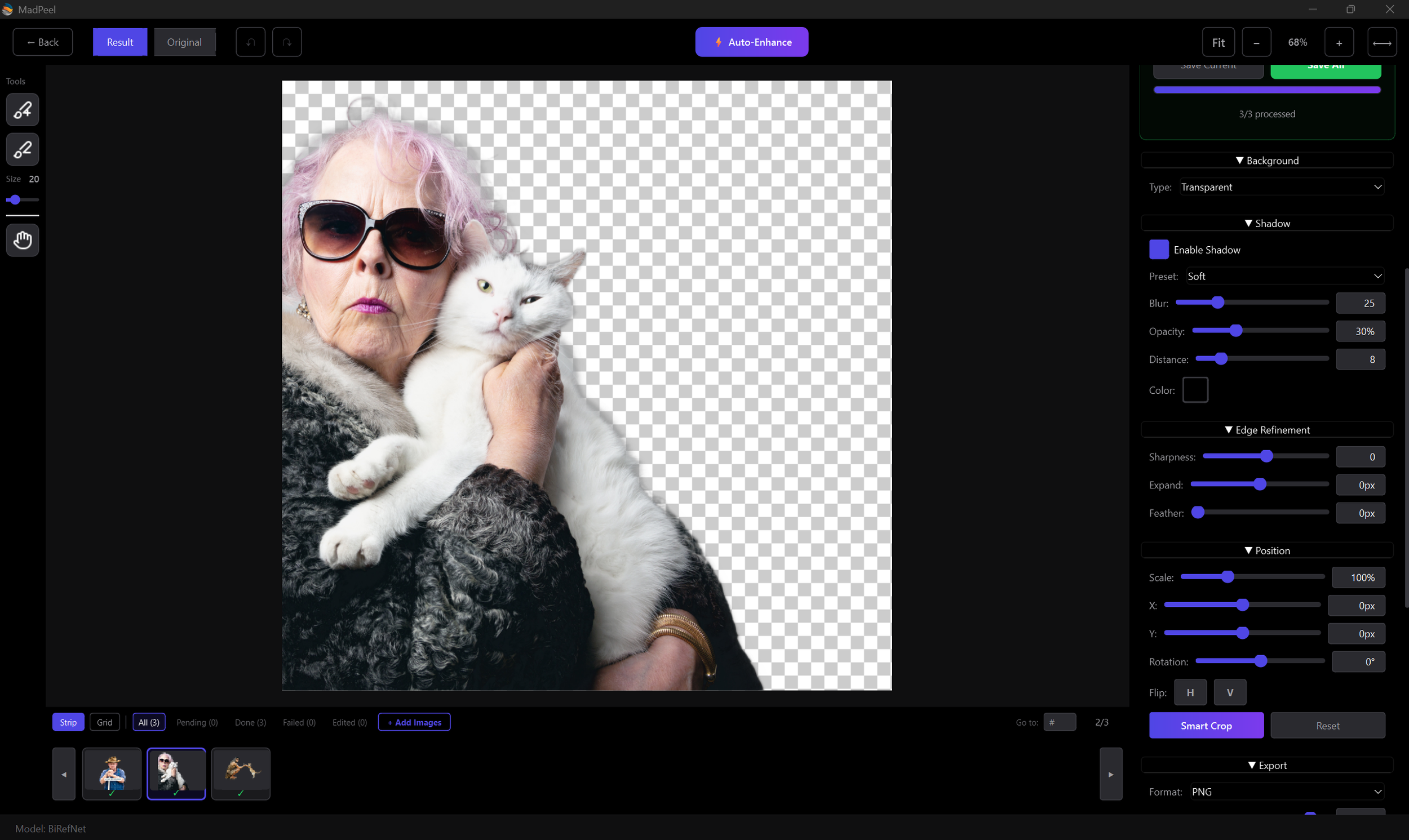 Madpeel background remover shadow edge refinement settings.