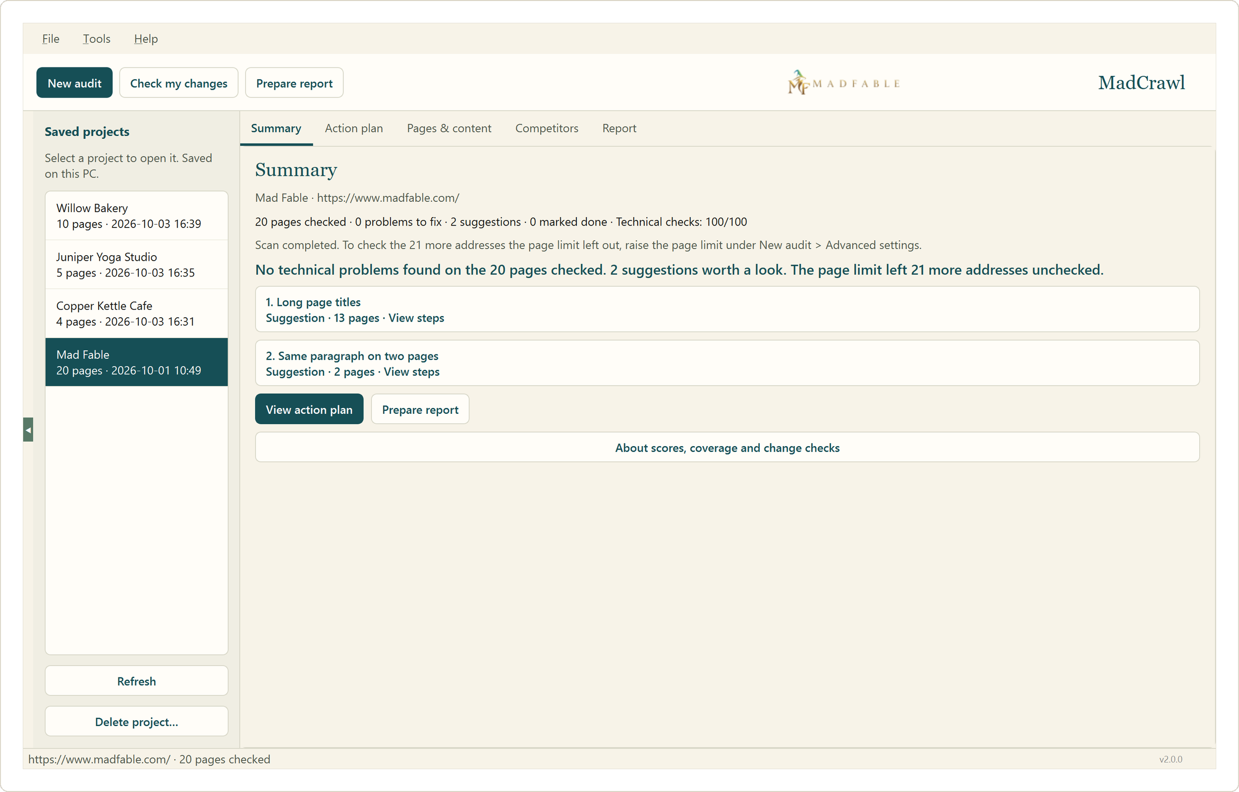 MadCrawl summary for a site in good shape: no technical problems found on the 20 pages checked