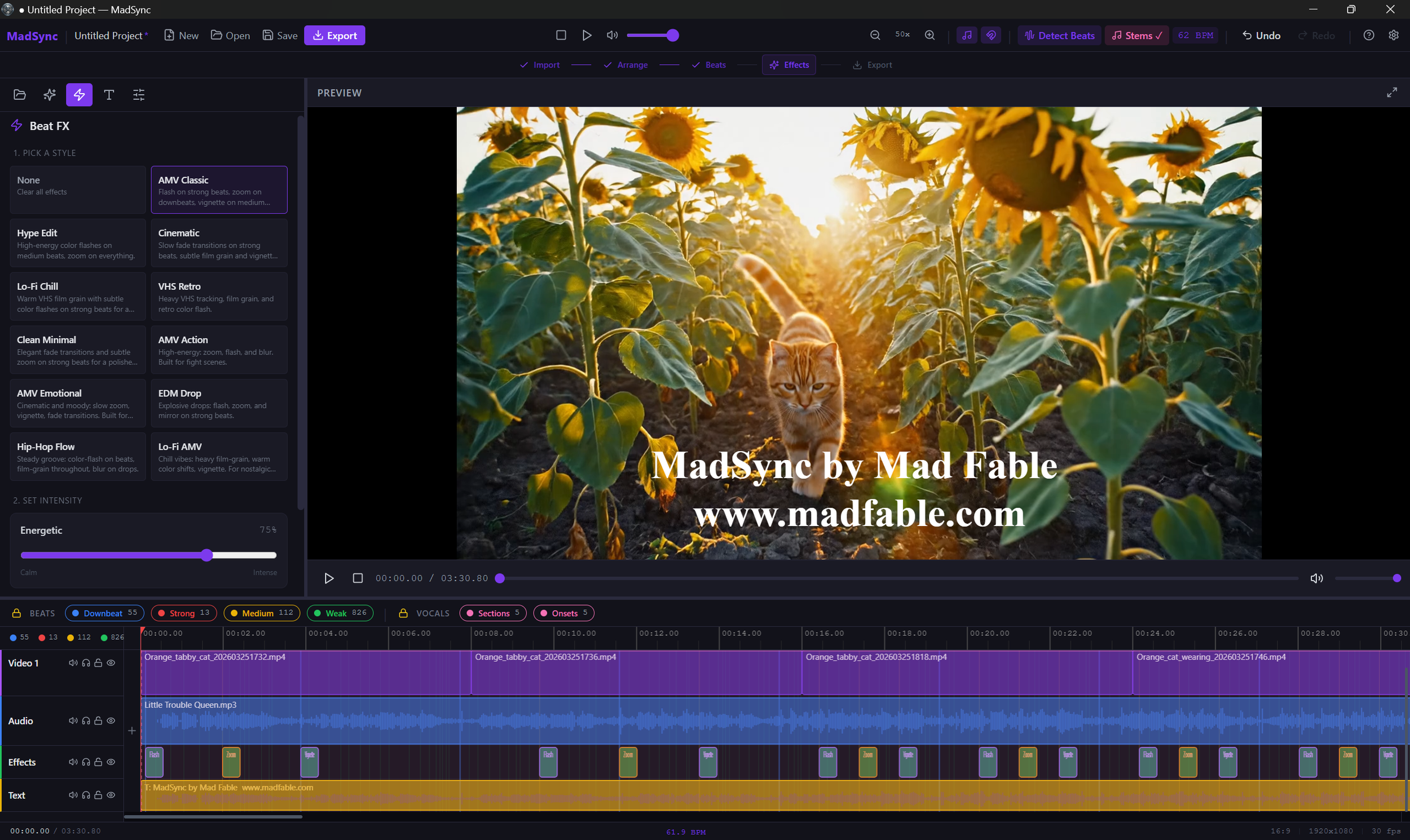 MadSync beat FX presets panel with intensity slider.