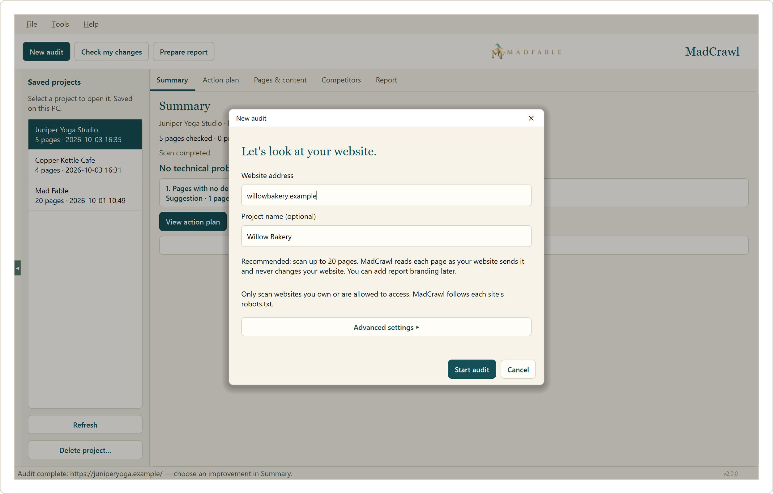 MadCrawl new audit dialog: type a website address and start the scan