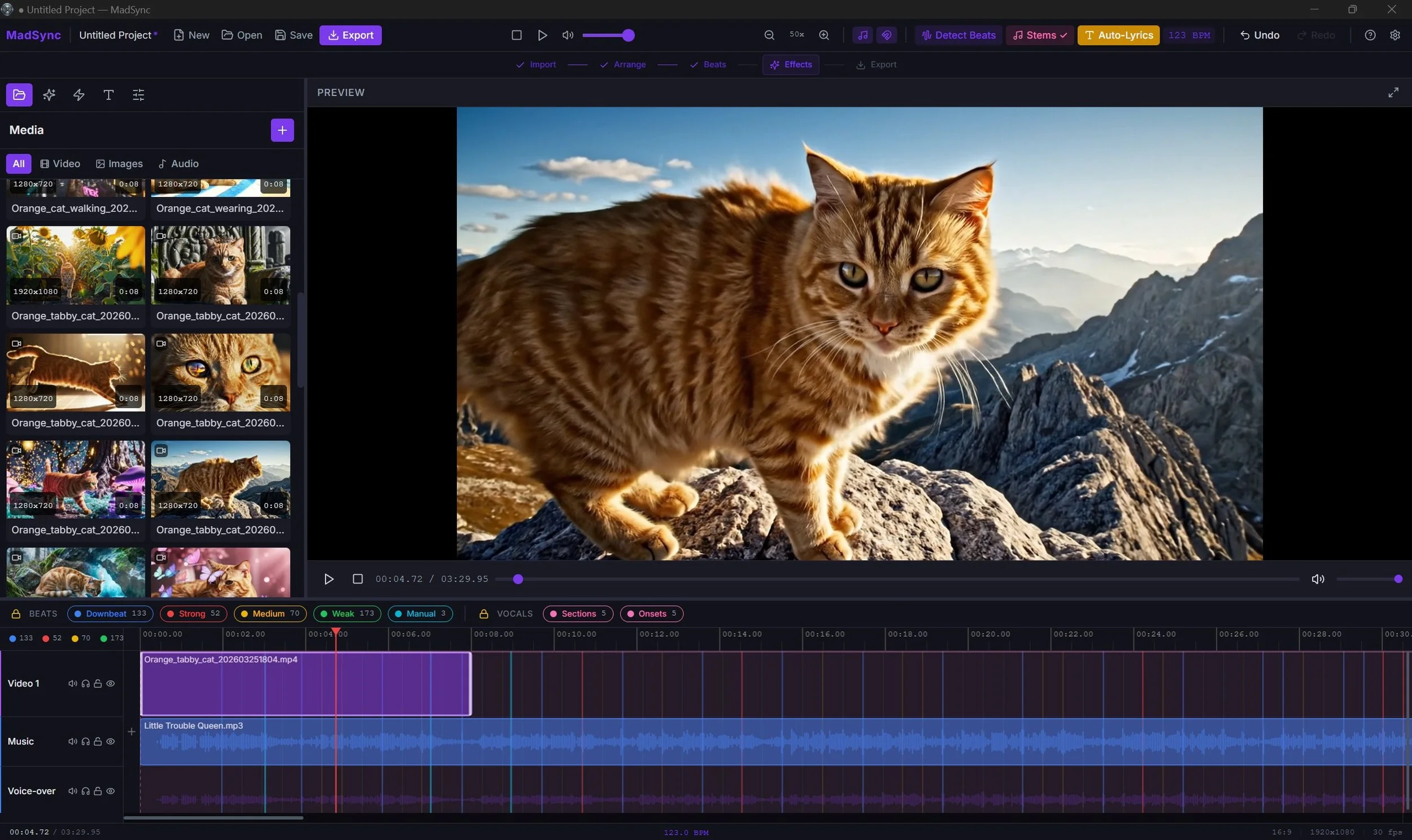 MadSync music video editor showing the beat detection tool on the timeline
