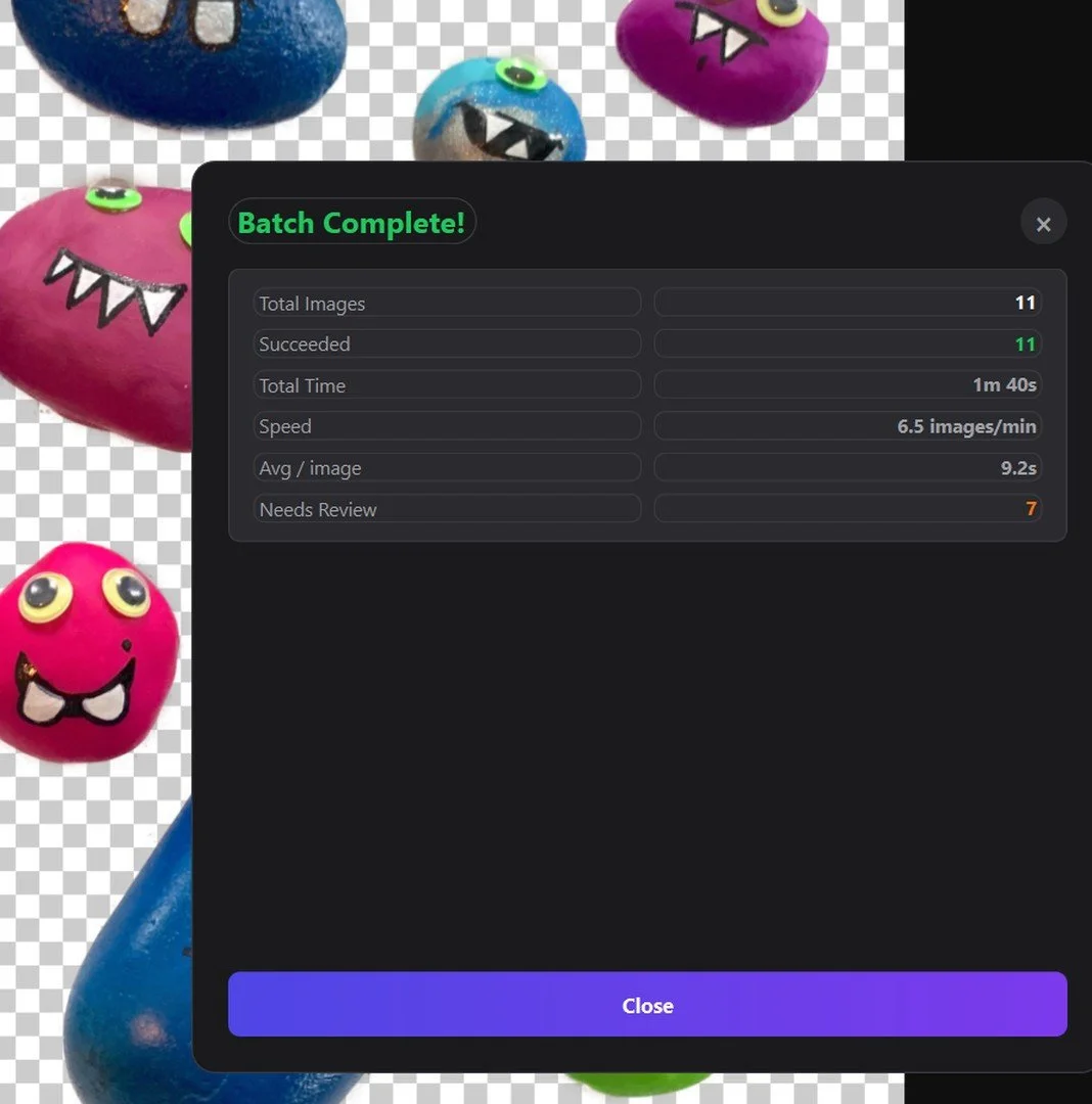 MadPeel's batch summary showing 11 of 11 images finished