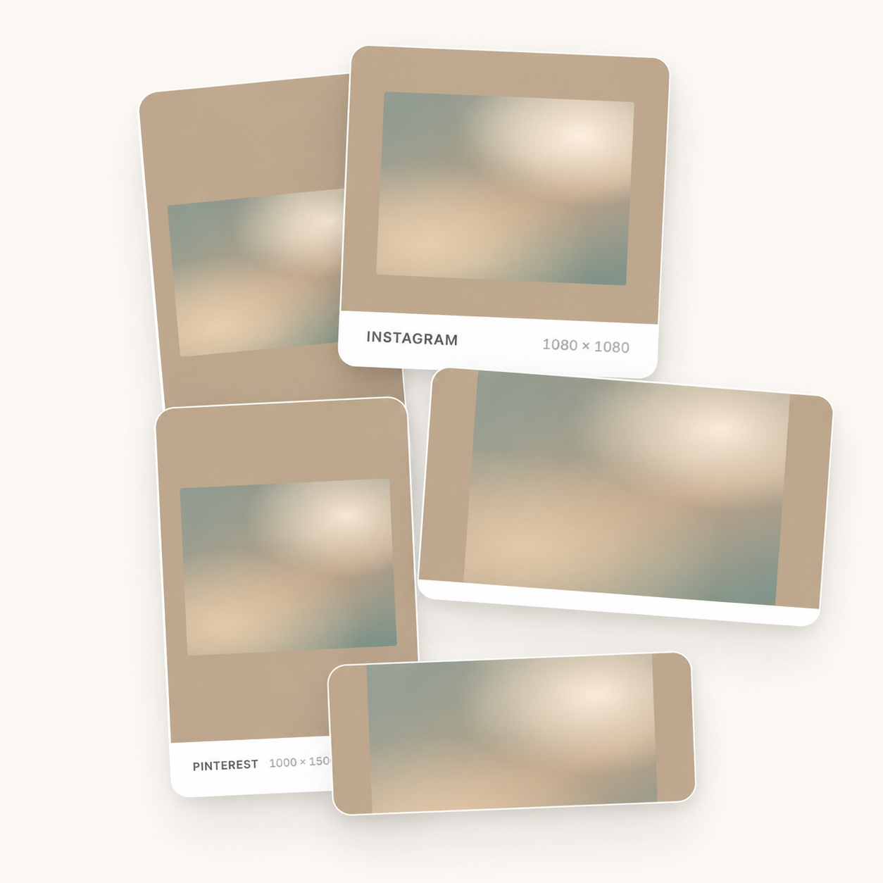 Overlapping Instagram and Pinterest image-size templates in soft neutral beige and sage tones.