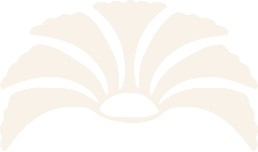 A black and white stylized flower with curved, petal-like shapes radiating from a central point.