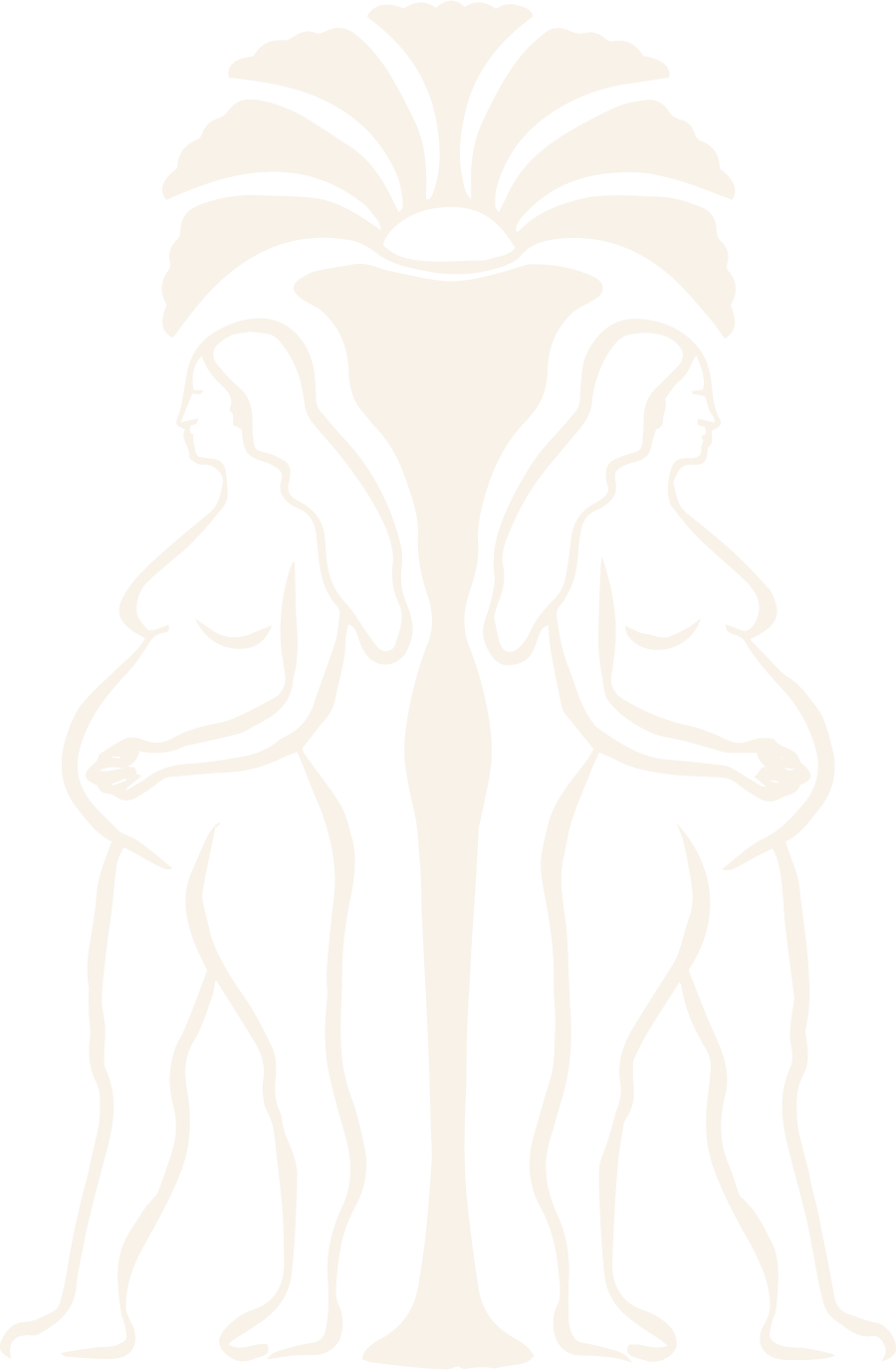 Black and white artistic illustration of two women in profile facing opposite ways, with a large ornate floral design above them and mirrored reflections creating a symmetrical pattern.