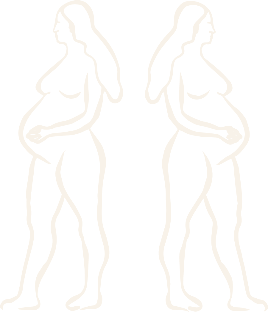 Two mirrored line drawings of a pregnant woman, facing away with her hands on her hips, set against a black background.