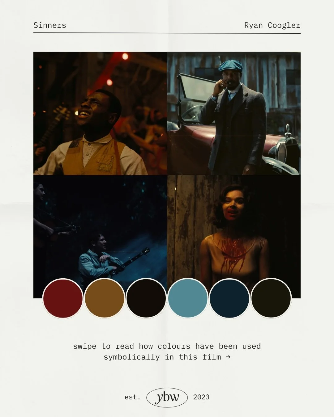 Film Club Friday 🎬 Sinners

One thing I love about Sinners? (other than the great storyline and Michael B Jordan) is the colour symbolism&hellip;

Ryan Coogler uses deep reds for sin, passion and danger, warm earth tones for heritage/history, and co