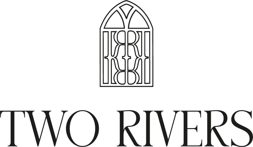 Logo with an arched window design and the words 'TWO RIVERS' below it.