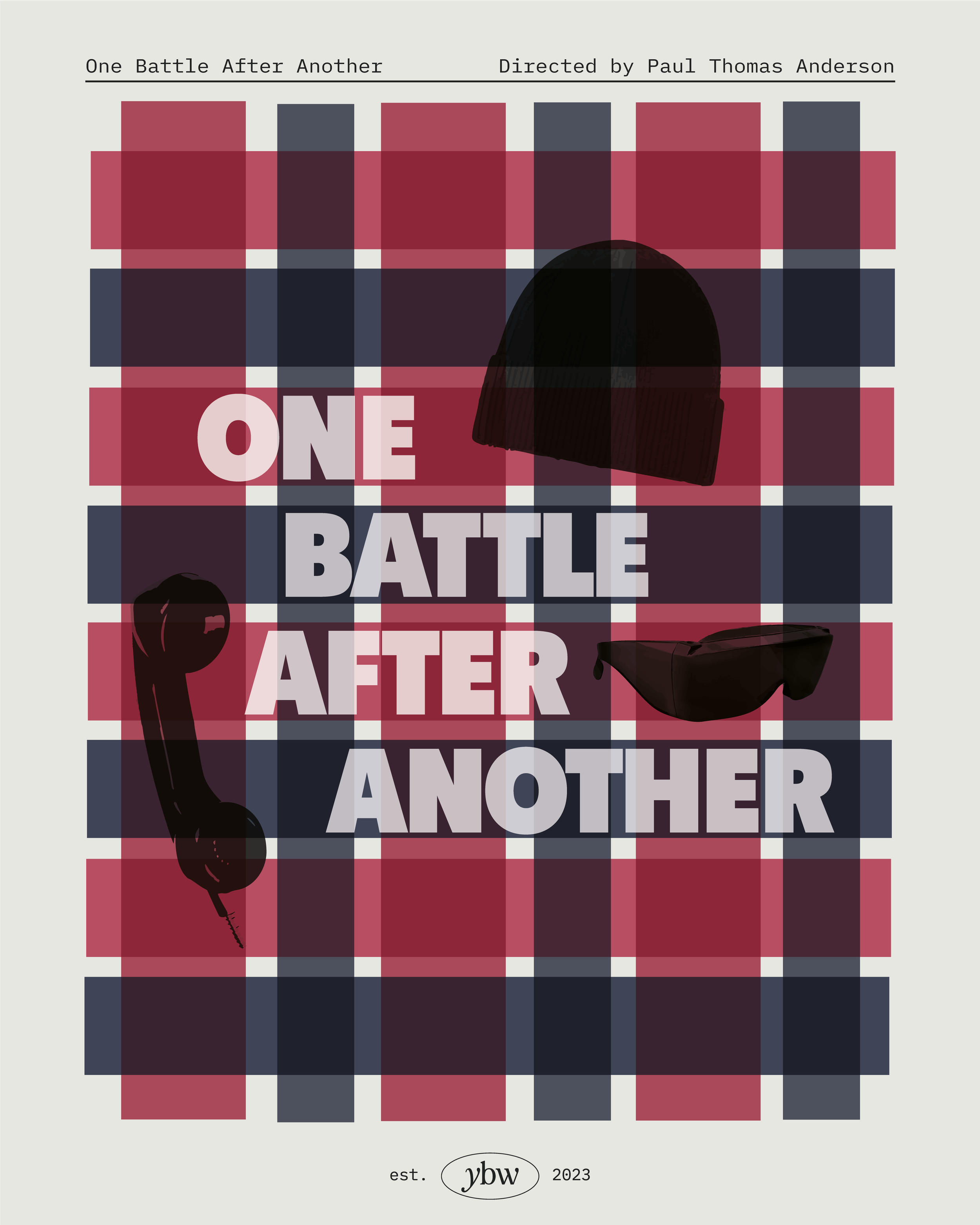Poster for film 'One Battle After Another' featuring a red and navy checkered background, a silhouette of a helmet and sunglasses, a telephone receiver, and text with the title and director's name