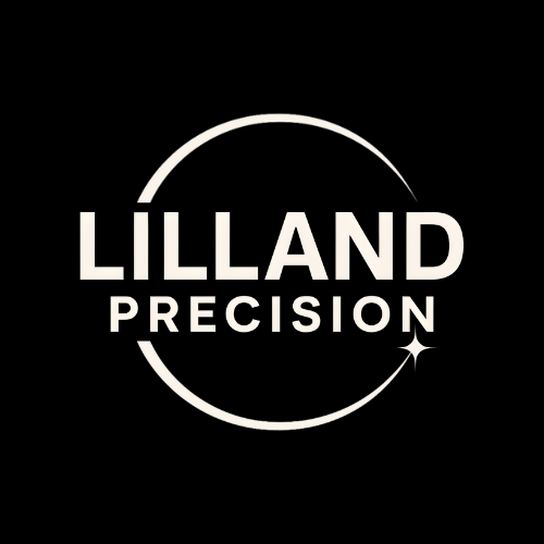 Lilland Precision logo with a crescent design on a black background