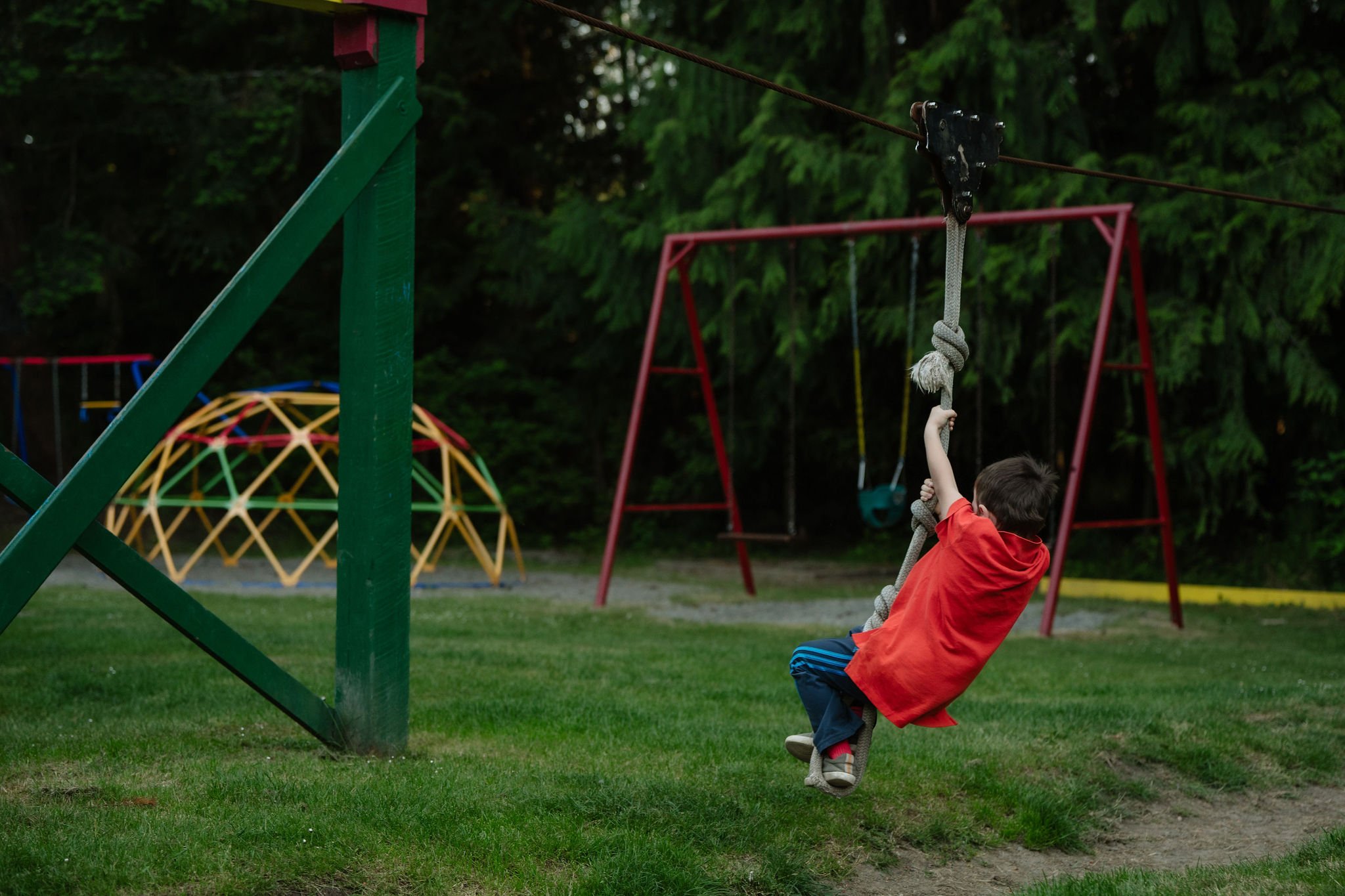 Child on ropeswing in park playground with sunlight streaming through trees
