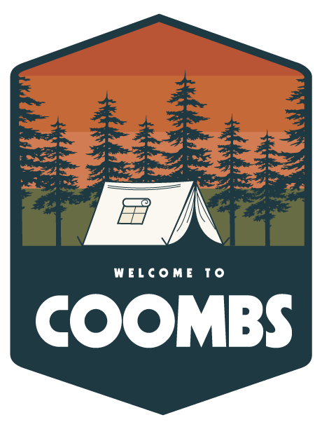 An outdoor camping scene with a white tent set against a forest of pine trees at sunset, along with the text "Welcome to Coombs."