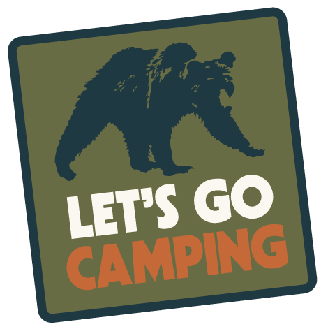 Graphic design with a bear silhouette and text that says "Let's Go Camping" in white and orange, on a green background with a dark border.