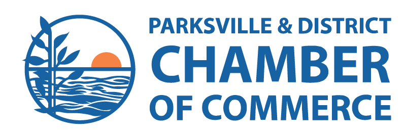Logo of Parksville & District Chamber of Commerce featuring a sunset over water and land with a tree.