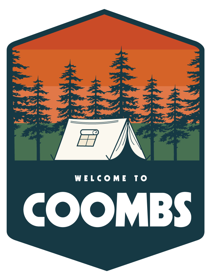 Illustration of a camping scene with a tent, tall pine trees, and a sunset sky, with the text 'Welcome to Coombs'.