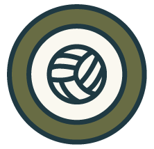 A volleyball inside a circular emblem with a green border.