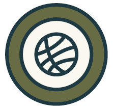 A circular badge with a globe symbol in the center, surrounded by a green and black border.