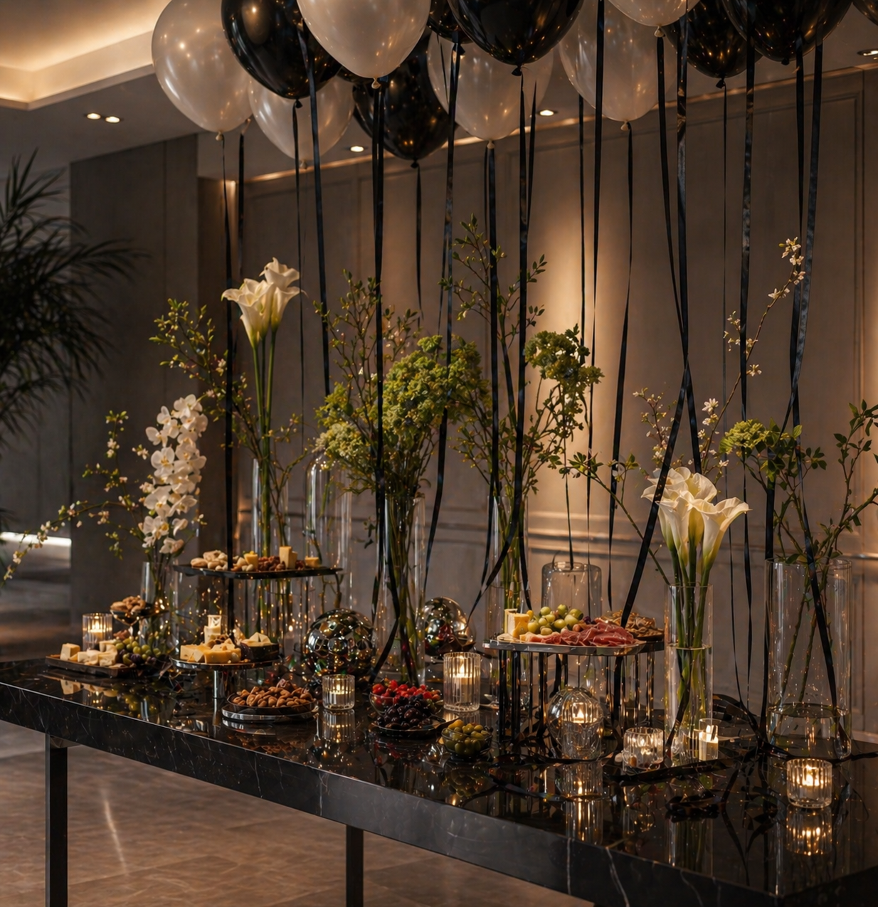 A charcuterie and cheese platter display with grapes, cheeses, cold cuts, and fruits on a black and white striped tablecloth, decorated with black and white balloons, candles, and floral arrangements.