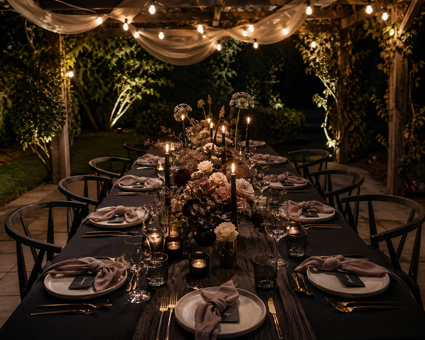 Elegant dinner table setting with a black dinner plate, a black menu with gold lettering, gold flatware, a glass of red wine, a coupe glass of water, and lit candles with a background of pink and red flowers.