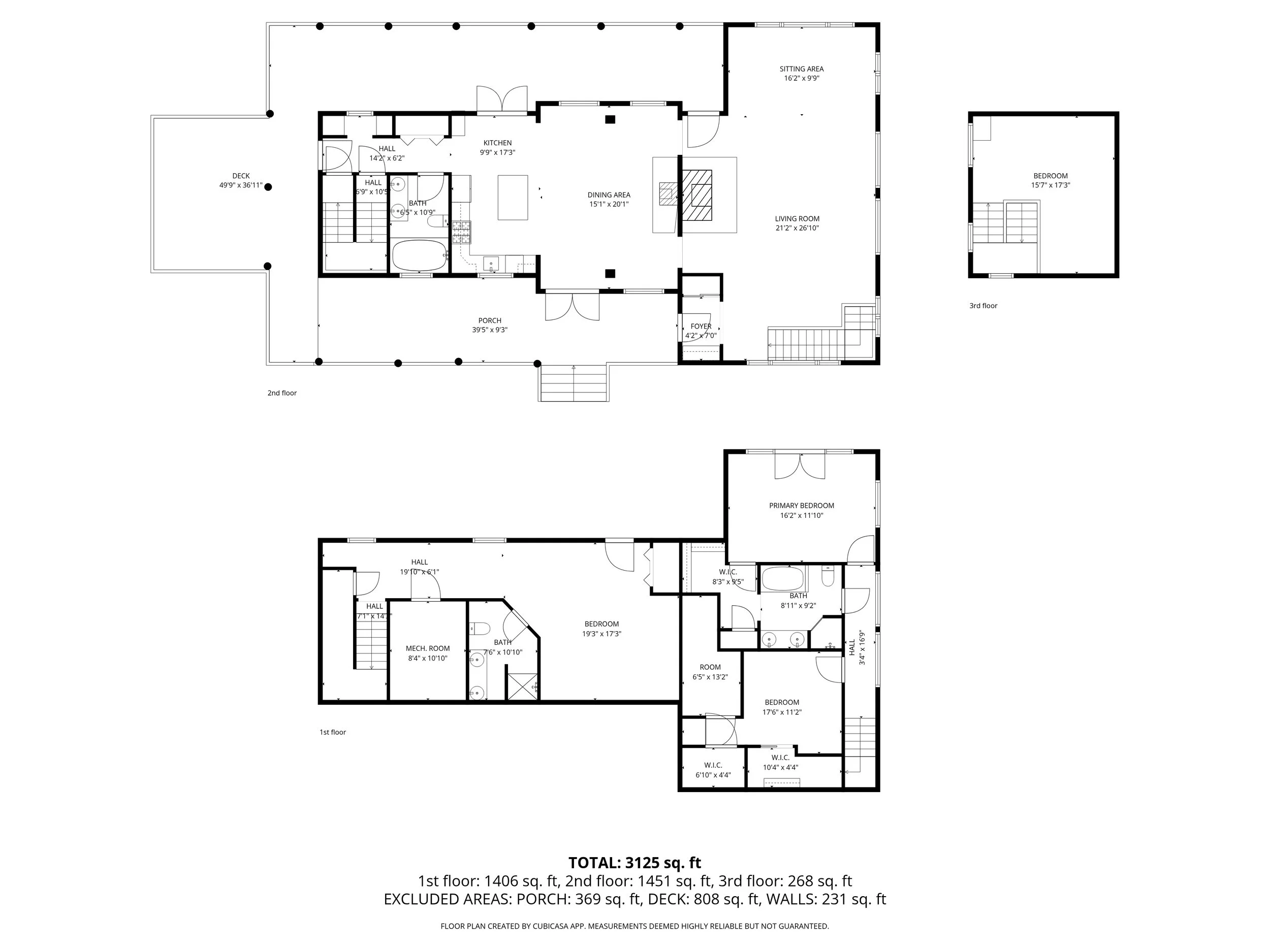 Architectural floor plan of a two-story house with an attic. The second floor includes a porch, sitting area, living room, dining area, kitchen, two halls, a bathroom, and a deck. The first floor contains a primary bedroom, two additional bedrooms, a