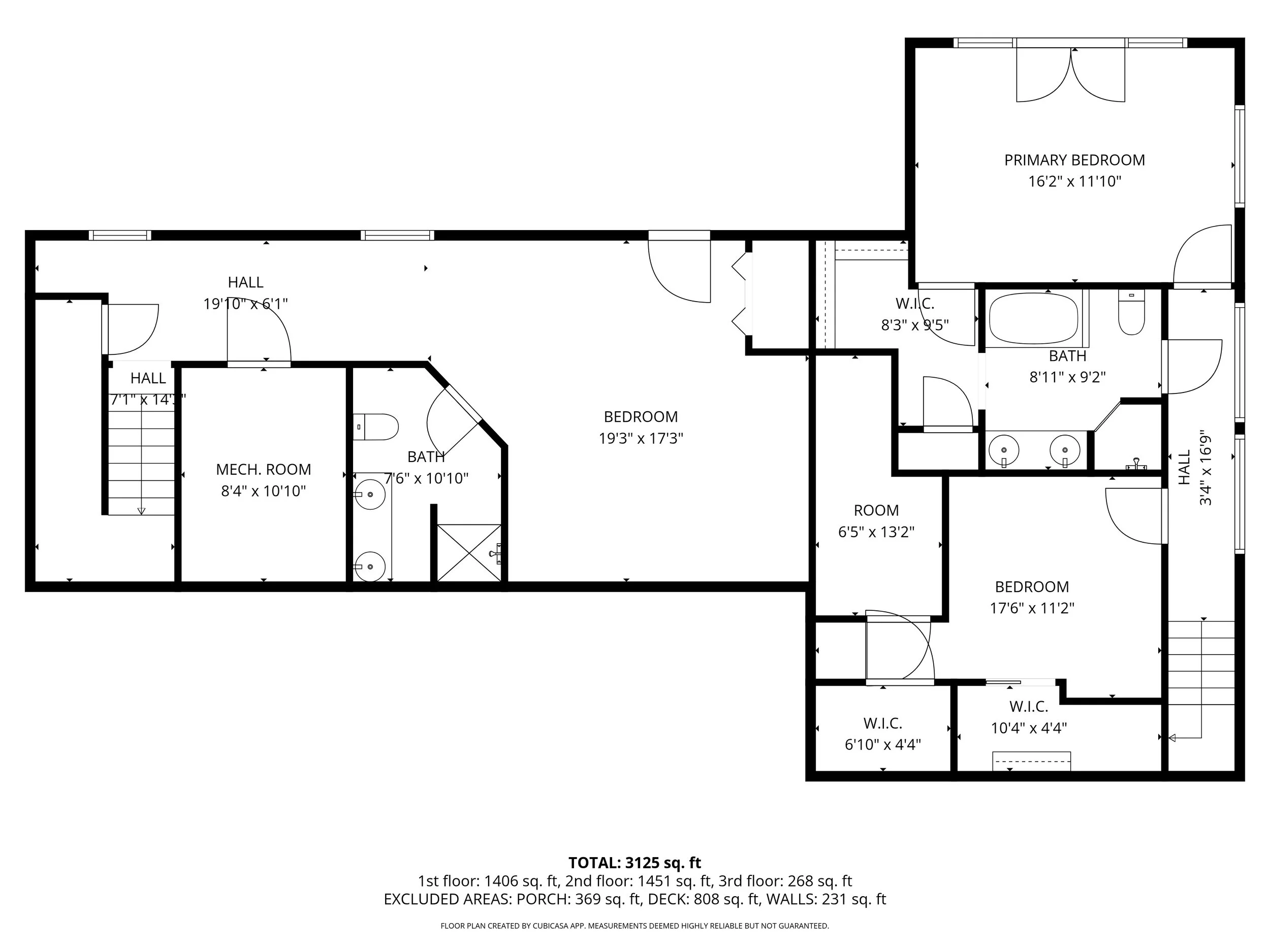 Floor plan of a house showing multiple bedrooms, bathrooms, closets, halls, a mechanical room, and stairs, with measurements indicated.