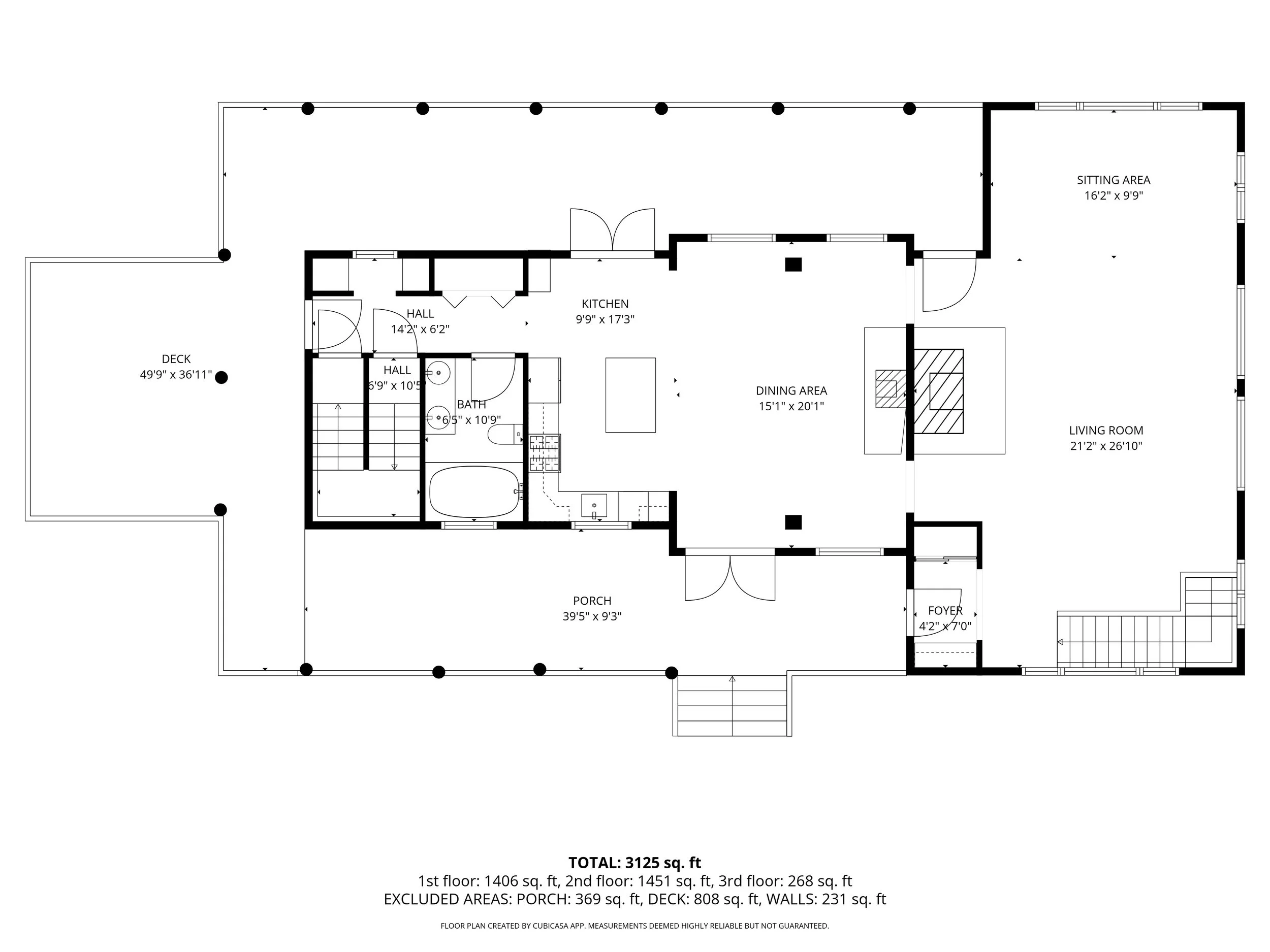 Floor plan of a house showing a deck, porch, living room, sitting area, dining area, kitchen, bathroom, and hallways.