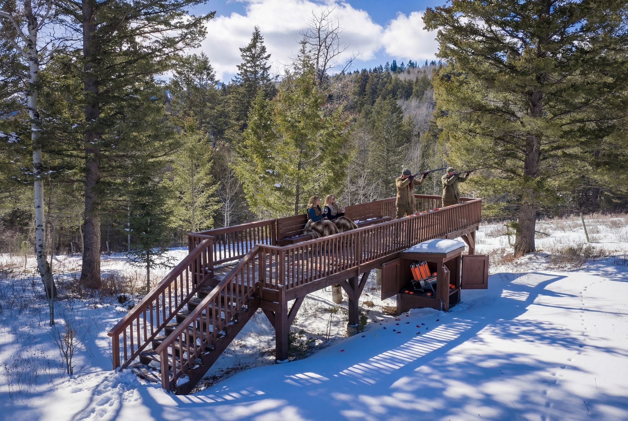 Two hunters aiming rifles from a wooden hunting platform in a snowy forest, with three people seated on the platform.