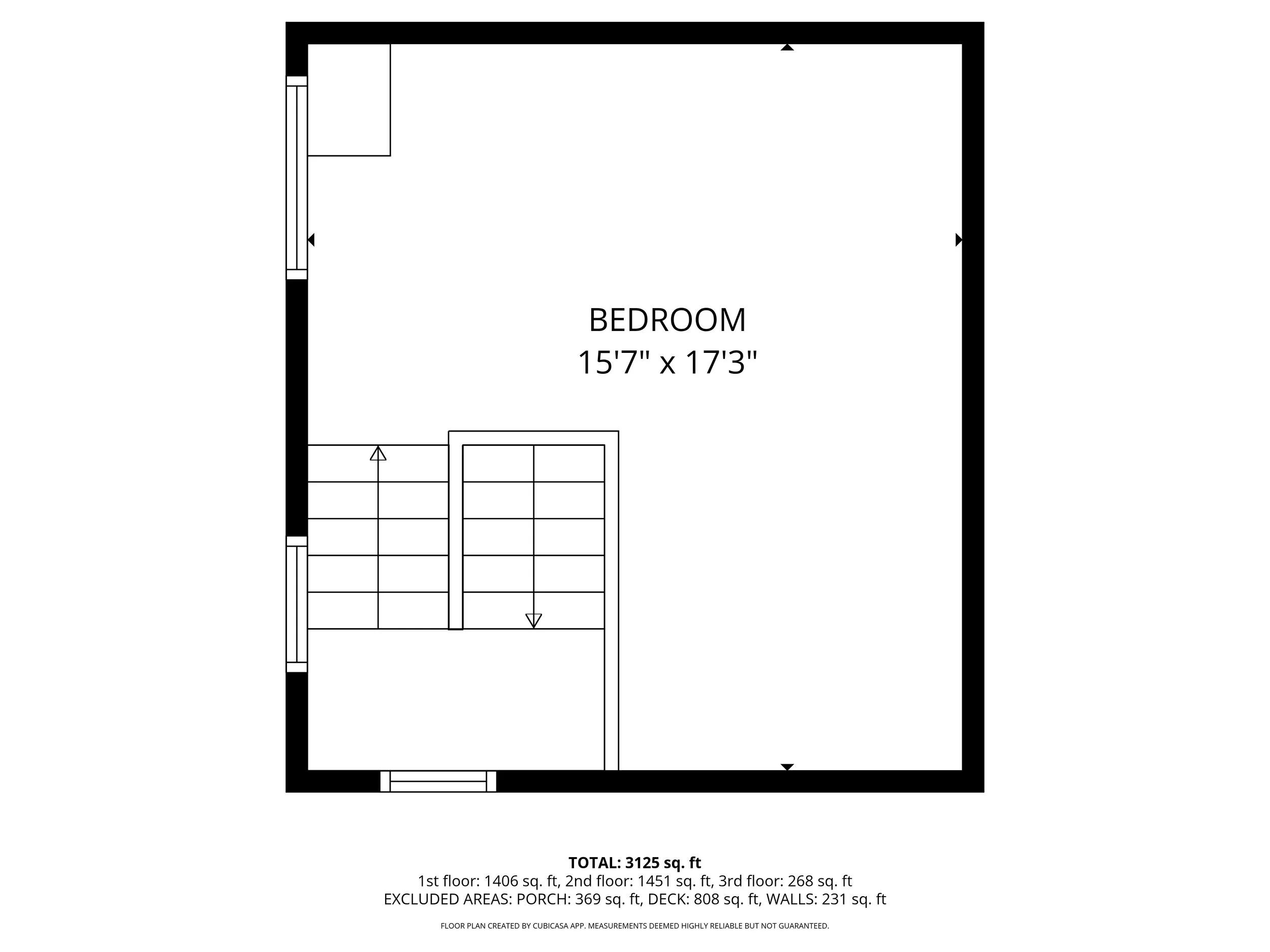 Floor plan of a bedroom measuring 15'7'' by 17'3'' with stairs leading to the lower level and a window on one wall.