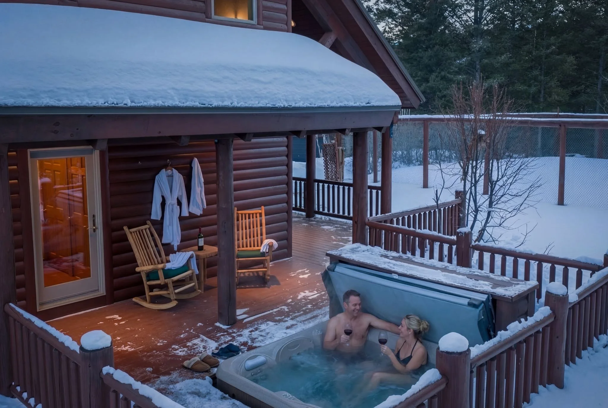 A couple enjoying a hot tub on a snow-covered deck outside a wooden cabin during winter at dusk, with snow on the ground and a fence in the background.